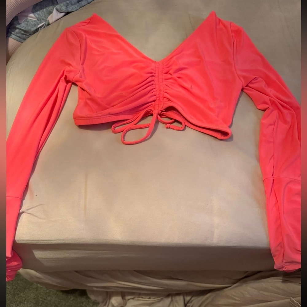Coral Long Sleeve Ruched Crop Top